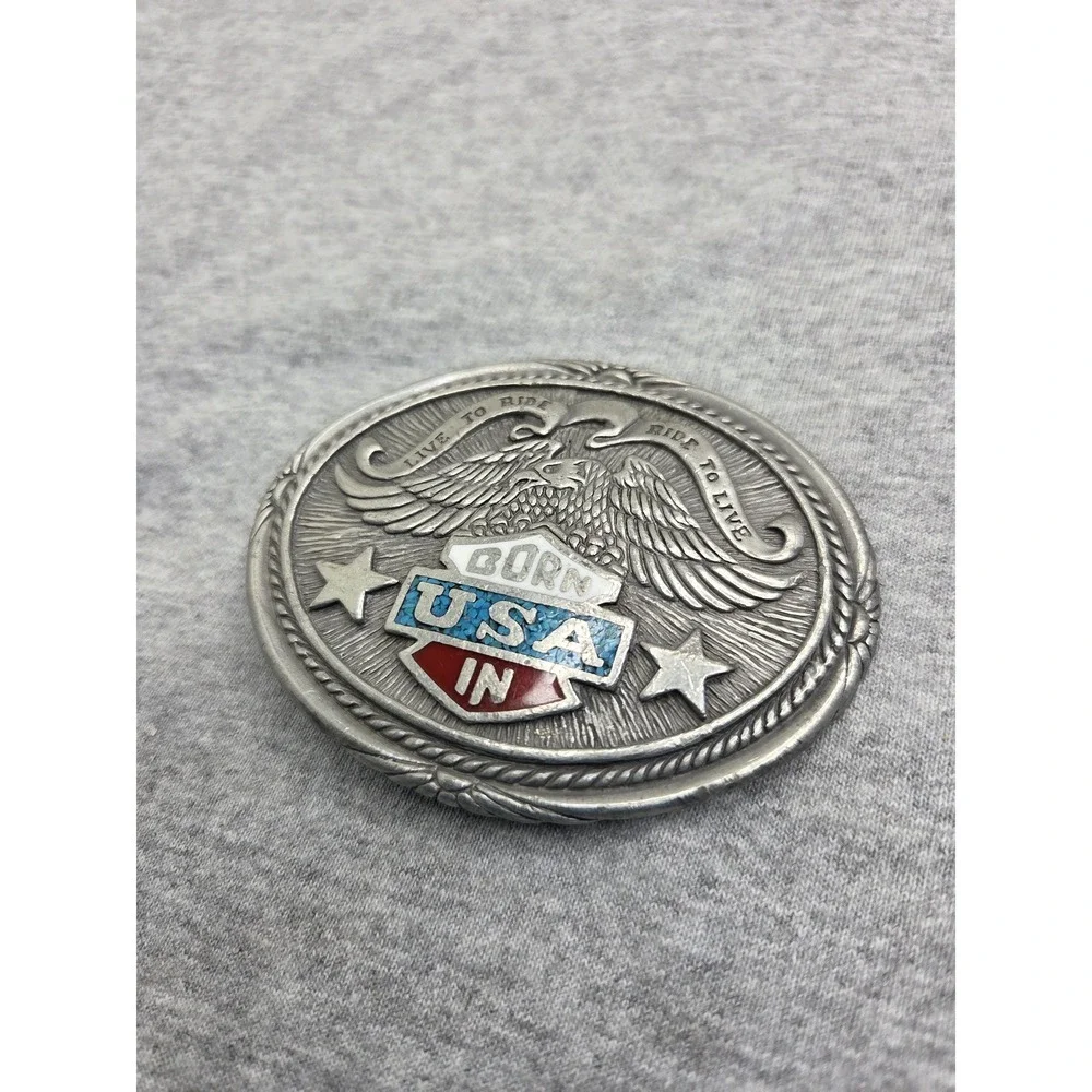 Vintage Live to Ride Motorcycle Eagle Stone Inlay Red White Blue Pewter Buckle